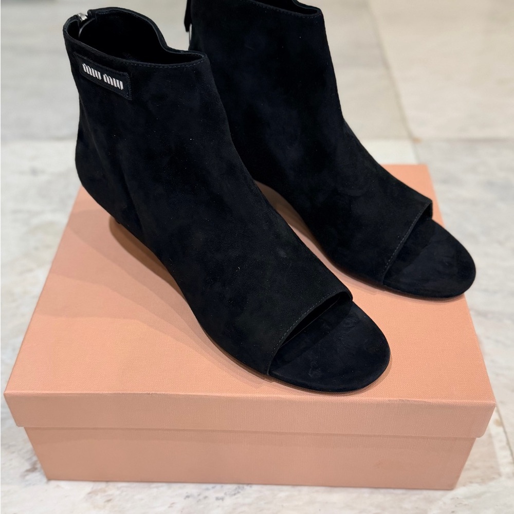 Miu Miu Black Suede Peep-Toe Ankle Boots